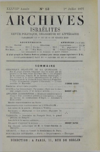 Archives israélites de France. Vol.38 N°13 (01 juil. 1877)